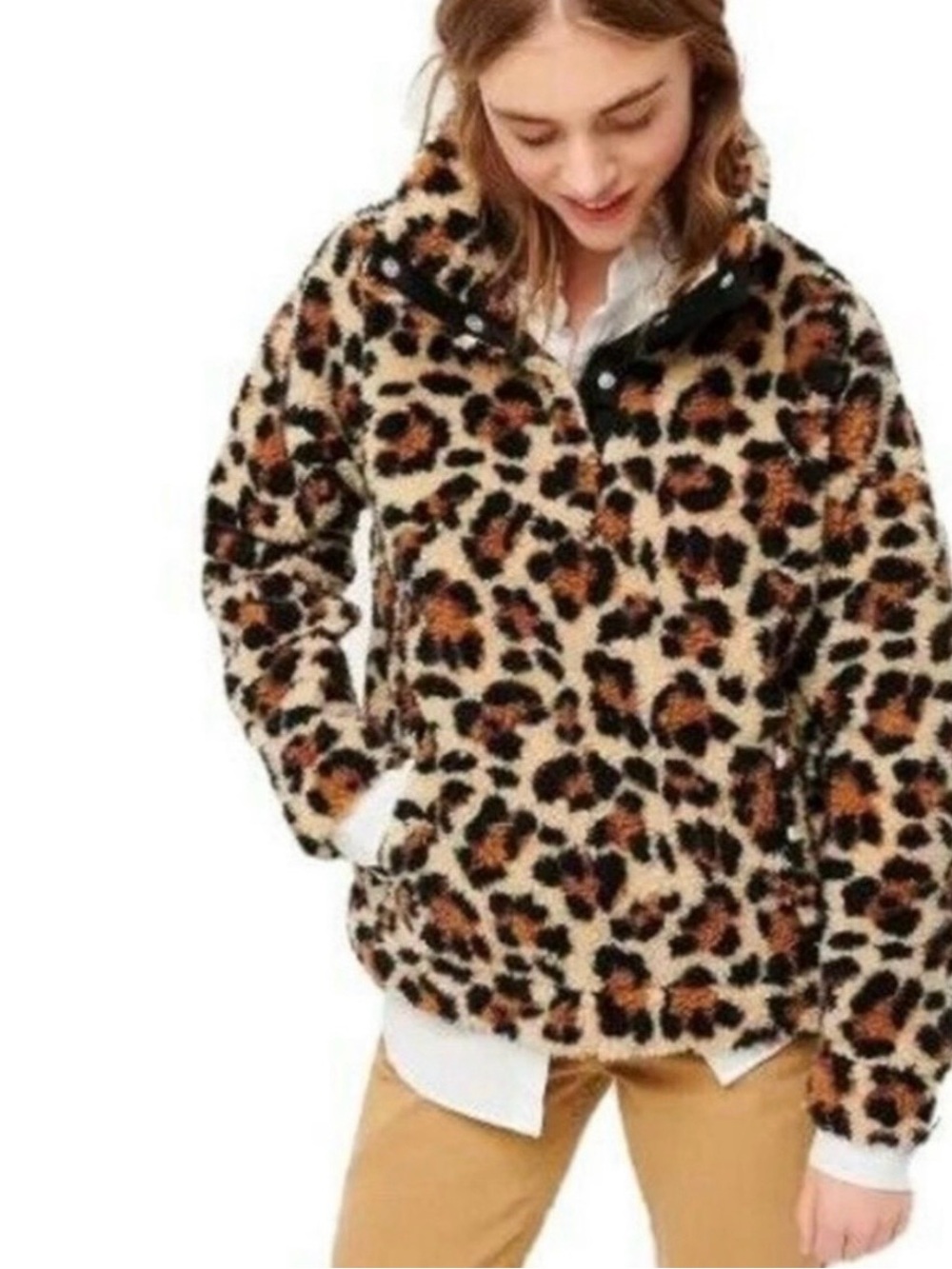 J. Crew Leopard Vintage Fleece Quarter Snap Pullover Sz XXL